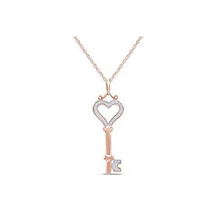 White Natural Diamond Heart Key Pendant Necklace in 14k Rose Gold Over Ster