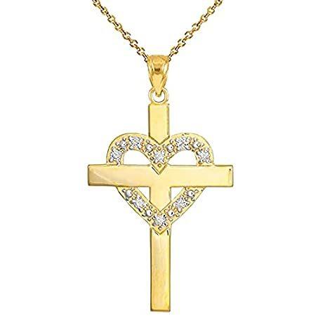 14K Yellow Gold 1/20 Cttw Diamond Studded Heart Cross Pendant Necklace with