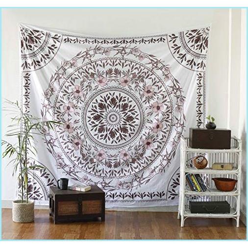 新品Sketched Floral Medallion Tapestry - Mandala Wall Hanging - Hippie Bohemian Wall Decor Art - Boho Queen Size Indian Cotton Bedspread B
