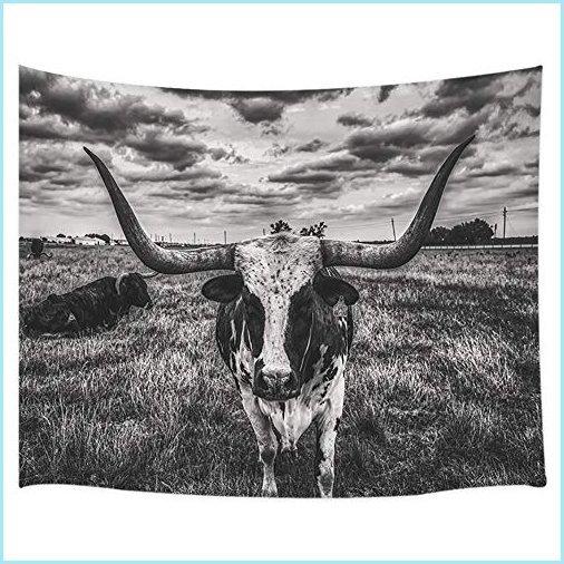 海外直送商品お取り寄せ輸入専門店新品Rustic Farmh0use Tapestry, Black and White Texas L0ngh0rn Steer in Rural Farm Wall Tapestry, Tapestry Wall Hanging f0r Bedr00m Living