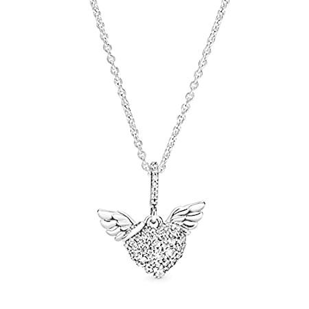Pandora Jewelry Pave Heart and Angel Wings Cubic Zirconia Necklace in Sterl