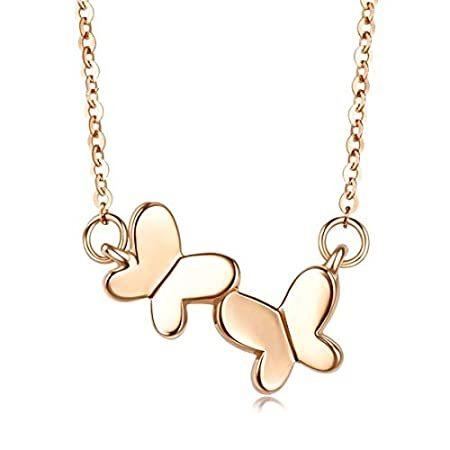 FANCIME 14k Solid Yellow Gold Plain Small Mini Double Butterfly Pendant Nec