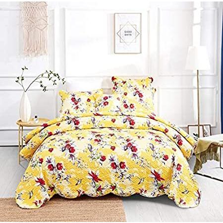 新品DaDa Bedding Radiant Sunshine Yellow Bedspread Quilt - Farmhouse Floral Hum