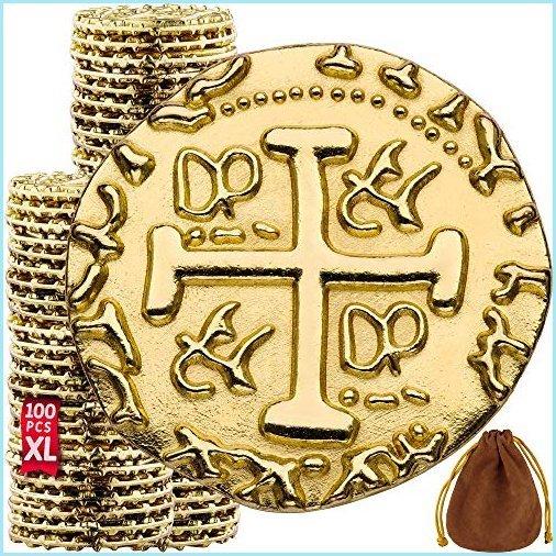 新品Metal Pirate Coins - 100 X Large Gold Treasure Coin Set, Metal Replica Spanish Doubloons for Board Games, Tokens, Toys, Cosplay - Real
