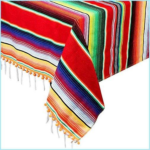 新品OurWarm 84 X 59 Inch Mexican Tablecloth Serape Blanket， Upgraded Mexican Blankets with Pom Pom Trim for Mexican Party Wedding Cinco De