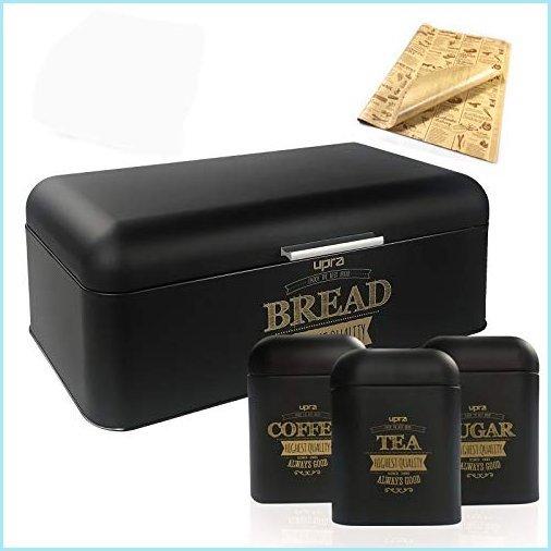 新品upra Black Bread Box with Sugar Tea Coffee Containers Sets for Kitchen Counter, Stainless Steel Bread Bin Storage Container For Loaves