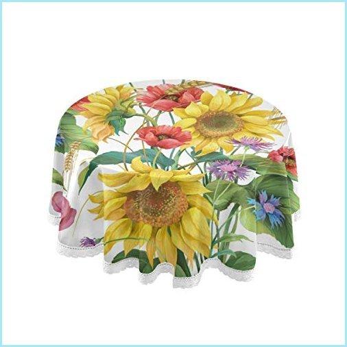 新品Toprint Floral Flower Sunflower Round Tablecloth 60 inch Summer Poppy Table Cloths Cover Mat Lace Washable Polyester Spill Proof Table