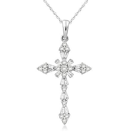 Jewelili Cross Pendant Necklace in 10K White Gold with 1/2 Cttw Natural Whi