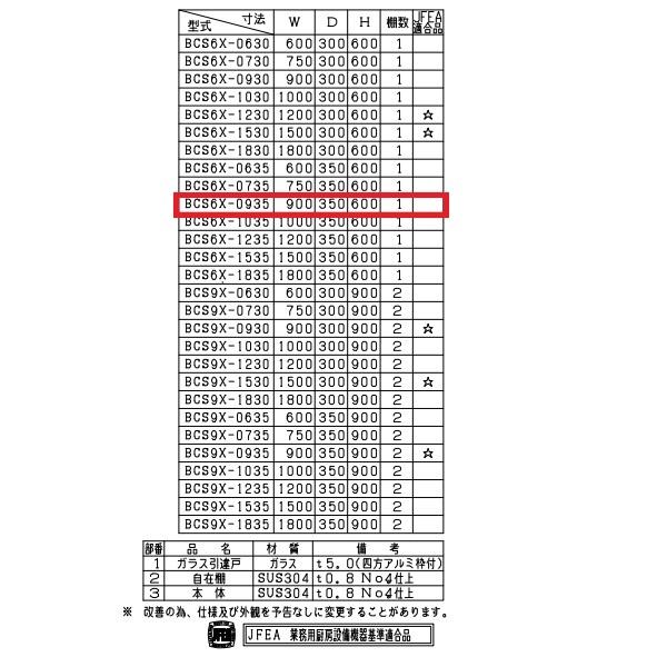 BCS6X-0935　マルゼン　吊戸棚　SUS304　ガラス戸