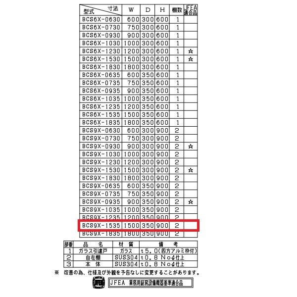 BCS9X-1535　マルゼン　吊戸棚　SUS304　ガラス戸