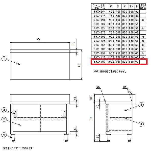 BHX-157　SUS304　マルゼン　調理台引戸付　バックガードあり