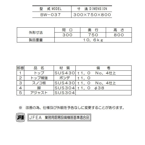 マルゼン　作業台　バックガードあり　BW-037