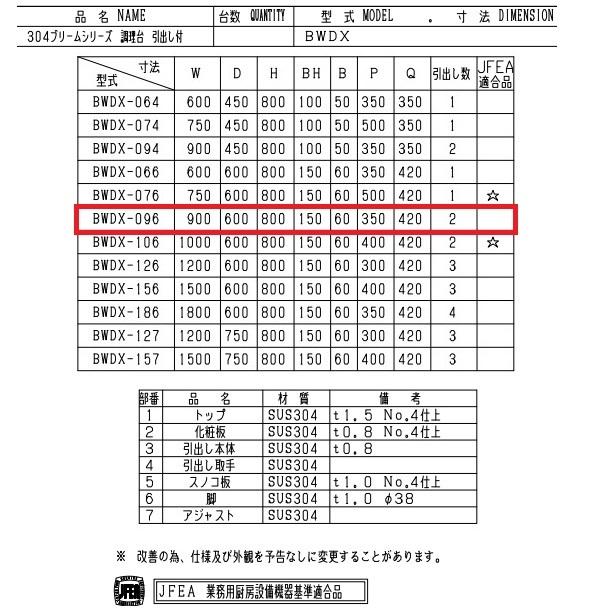 BWDX-096　SUS304　マルゼン　調理台引出付　バックガードあり 【注文】