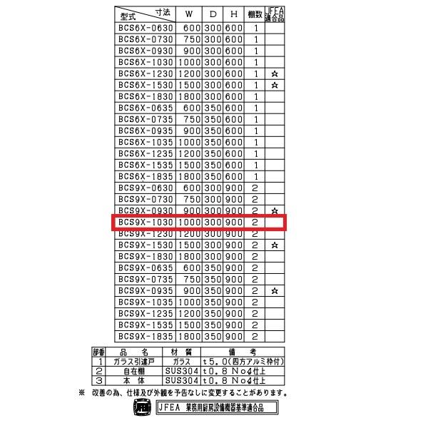 BCS9X-1030　マルゼン　吊戸棚　SUS304　ガラス戸