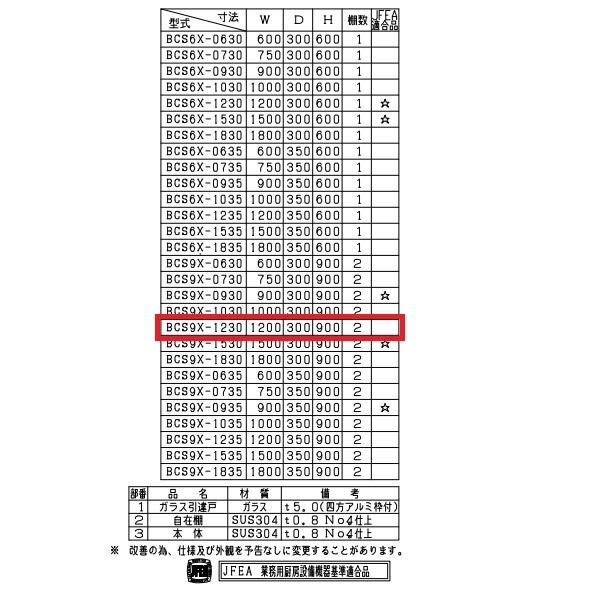 BCS9X-1230　マルゼン　吊戸棚　SUS304　ガラス戸