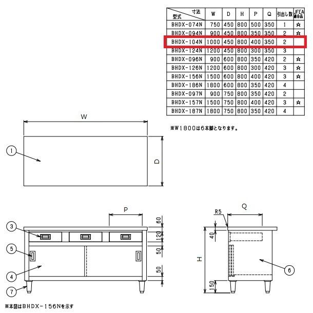 BHDX-104N　SUS304　マルゼン　調理台引出引戸付　バックガードなし