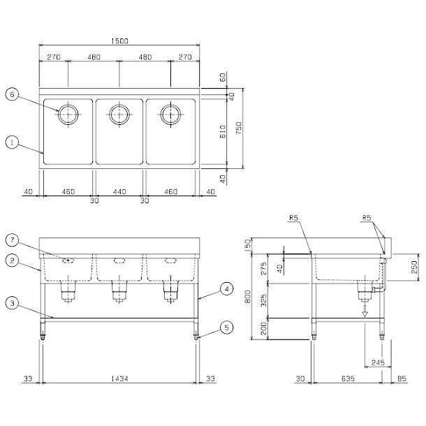 マルゼン(厨房機器) BS3X-157 SUS304仕様 マルゼン 三槽シンク マルゼン(厨房機器) BS3X-157 SUS304仕様 マルゼン 三槽シンク