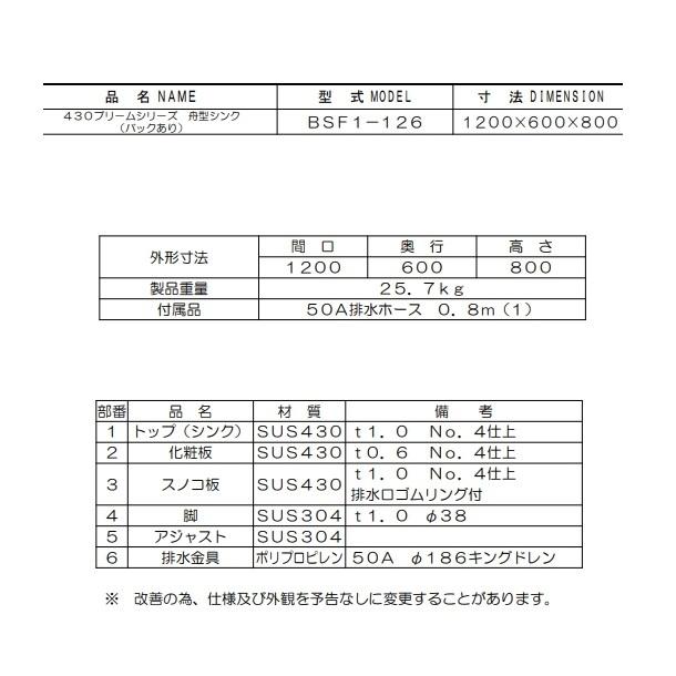 マルゼン（MARUZEN） BSF1-126 舟形シンク BGあり : 厨房機器販売