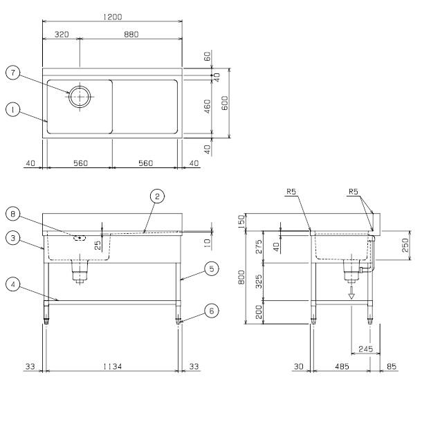 マルゼン（MARUZEN） BSM1X-126R SUS304仕様 一槽水切付シンク BGあり