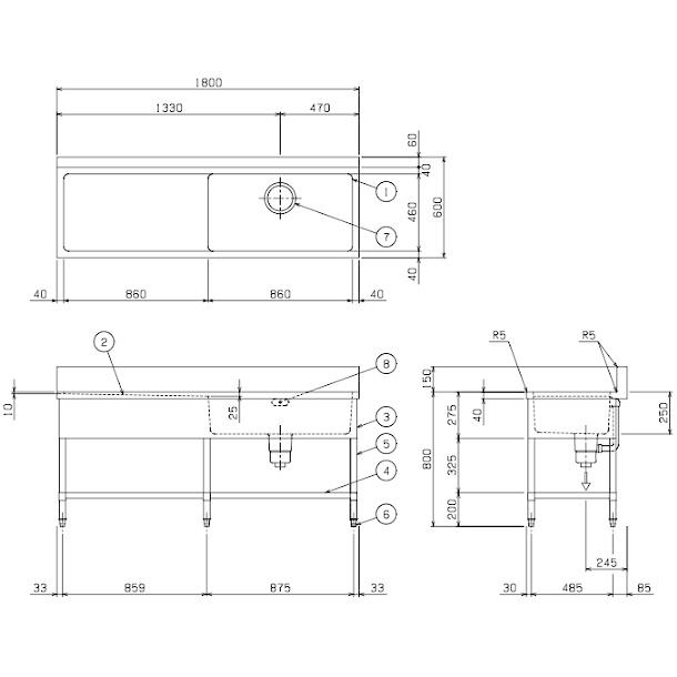 BSM1X-186L SUS304仕様 マルゼン 一槽水切付シンク BGあり 水切：左