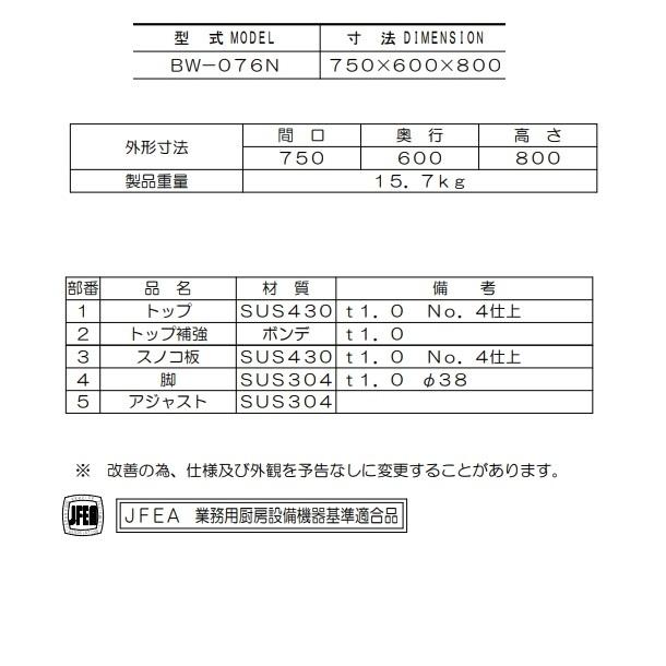 マルゼン（MARUZEN） 作業台 バックガードなし BW-076N : 厨房機器販売