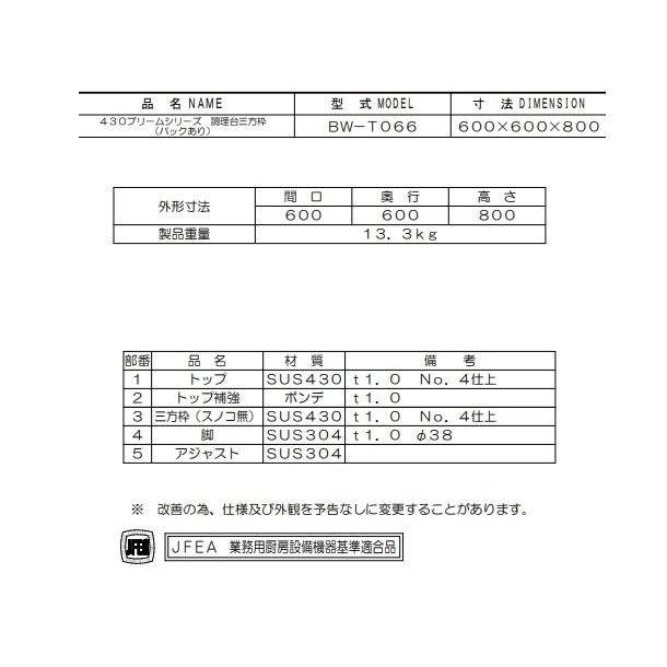 マルゼン（MARUZEN） BW-T066 作業台三方枠 BGあり : 厨房機器販売