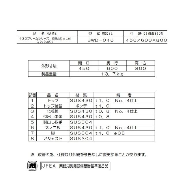 BWD-046　マルゼン　調理台引出付　バックガードあり