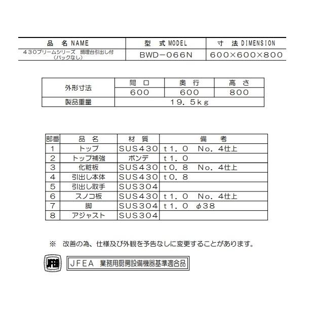 BWD-066N　マルゼン　調理台引出付　バックガードなし