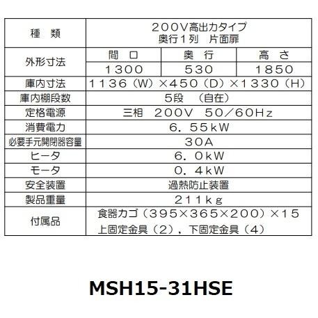 MSH15-31HSE　マルゼン　食器消毒保管庫　殺菌　殺菌庫　カゴ付　3Φ200V　消毒　高出力タイプ　クリーブランド　15カゴ収納　食器消毒　片面式