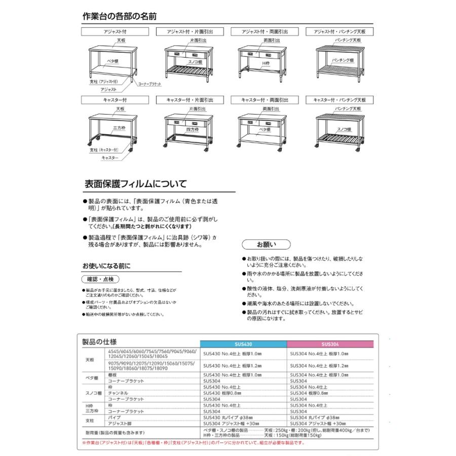 シンコー ステンレス作業台 H枠 組み立て式 WH-9045 幅900×奥行450×高