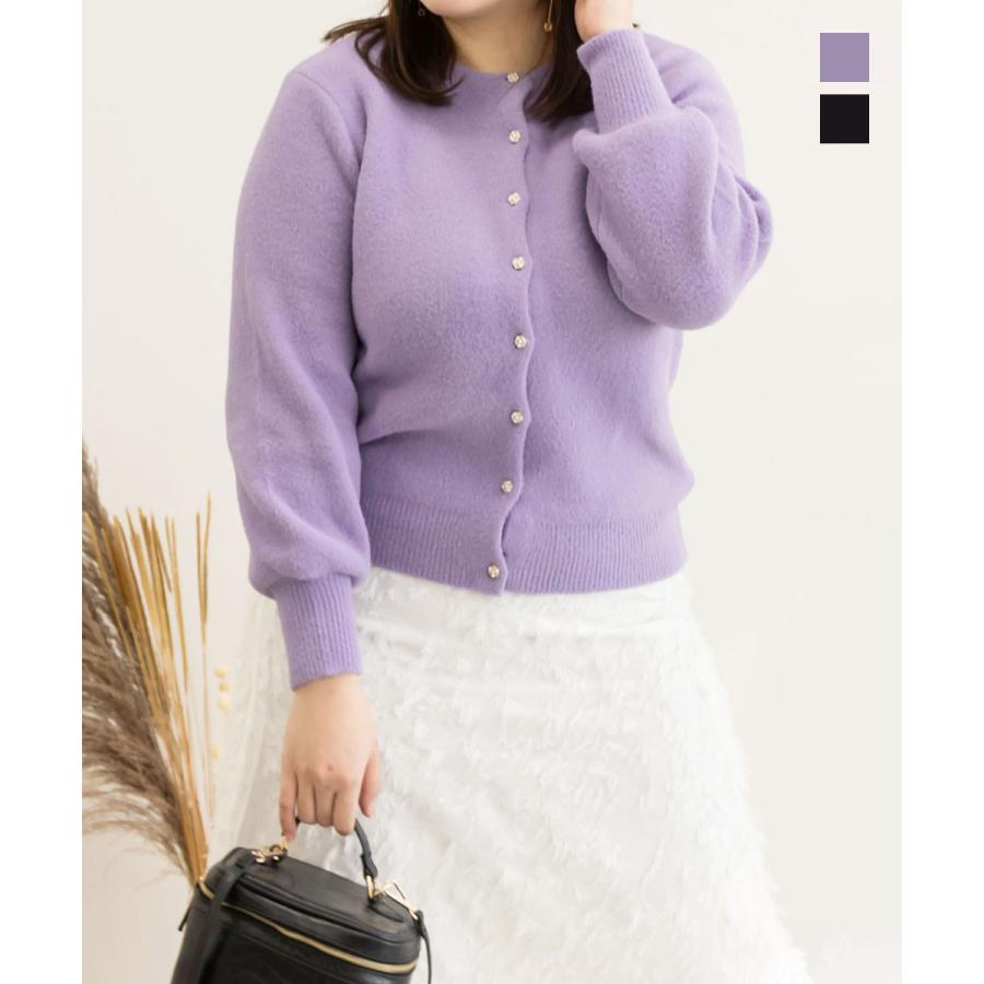 大きいサイズ レディース ビジューボタンクルーネックカーディガン  