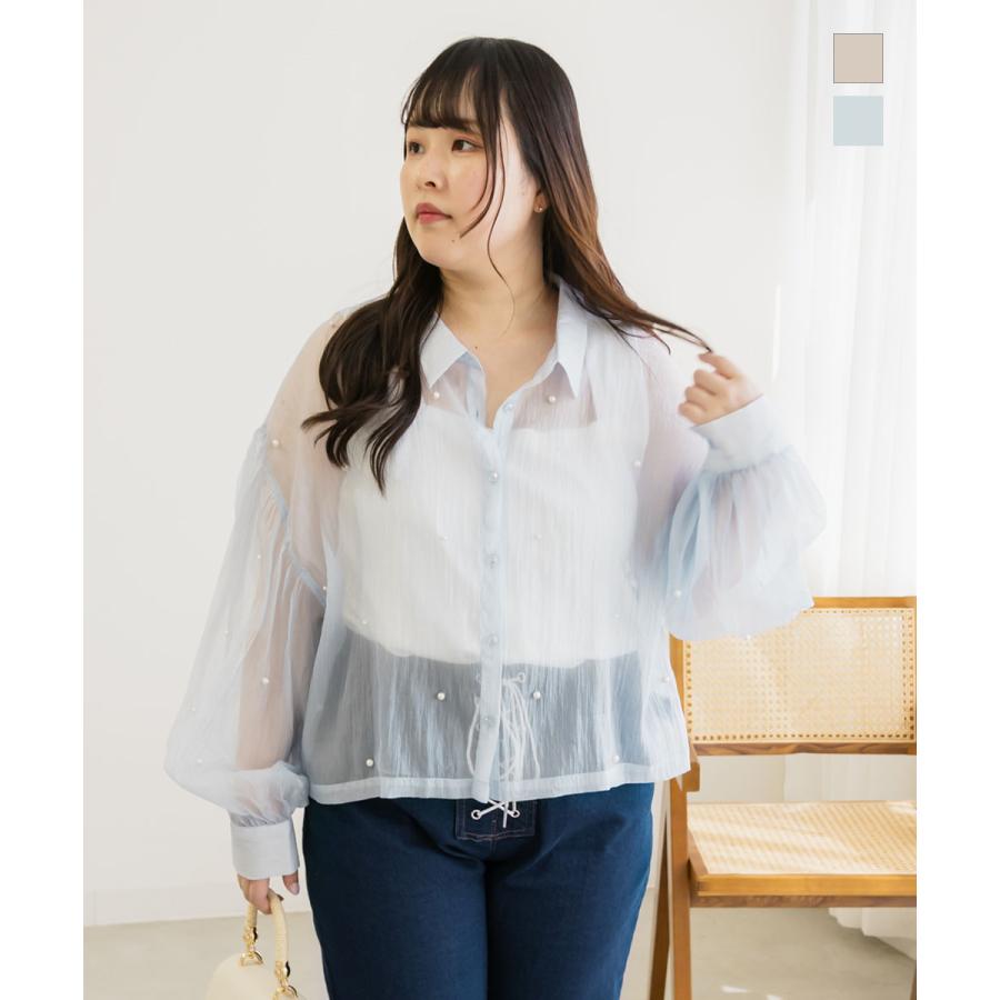 大きいサイズ レディース パール使いシアーショートシャツ｜clette-online｜02