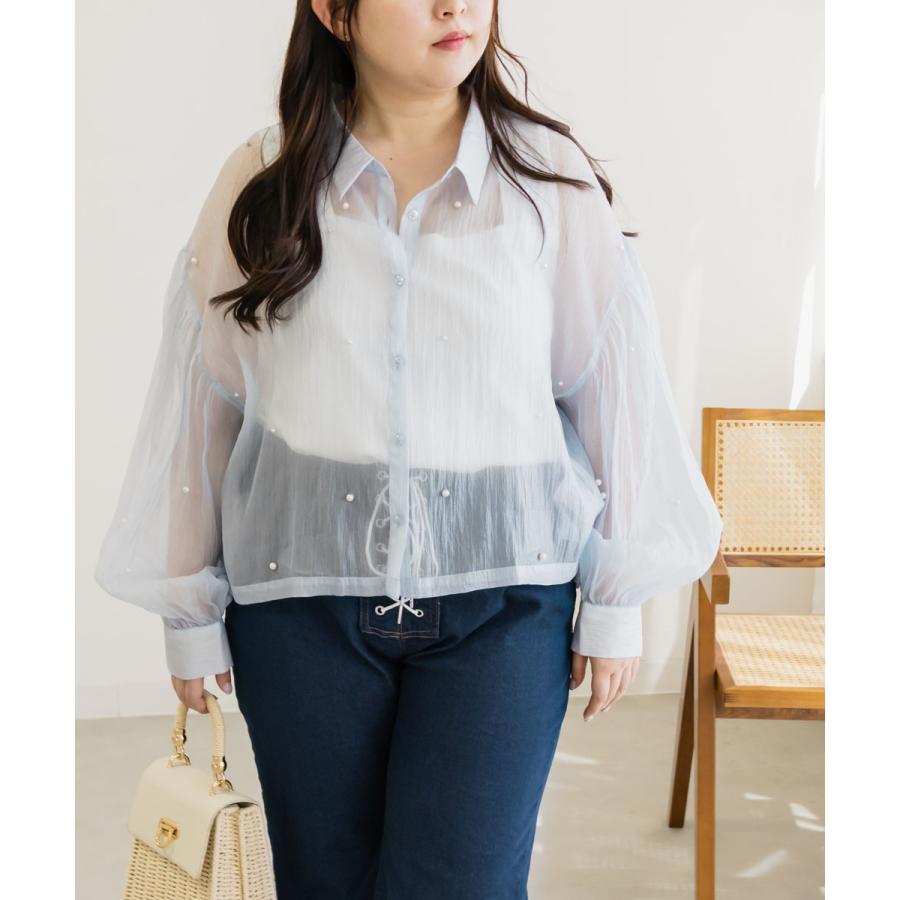 大きいサイズ レディース パール使いシアーショートシャツ｜clette-online｜05