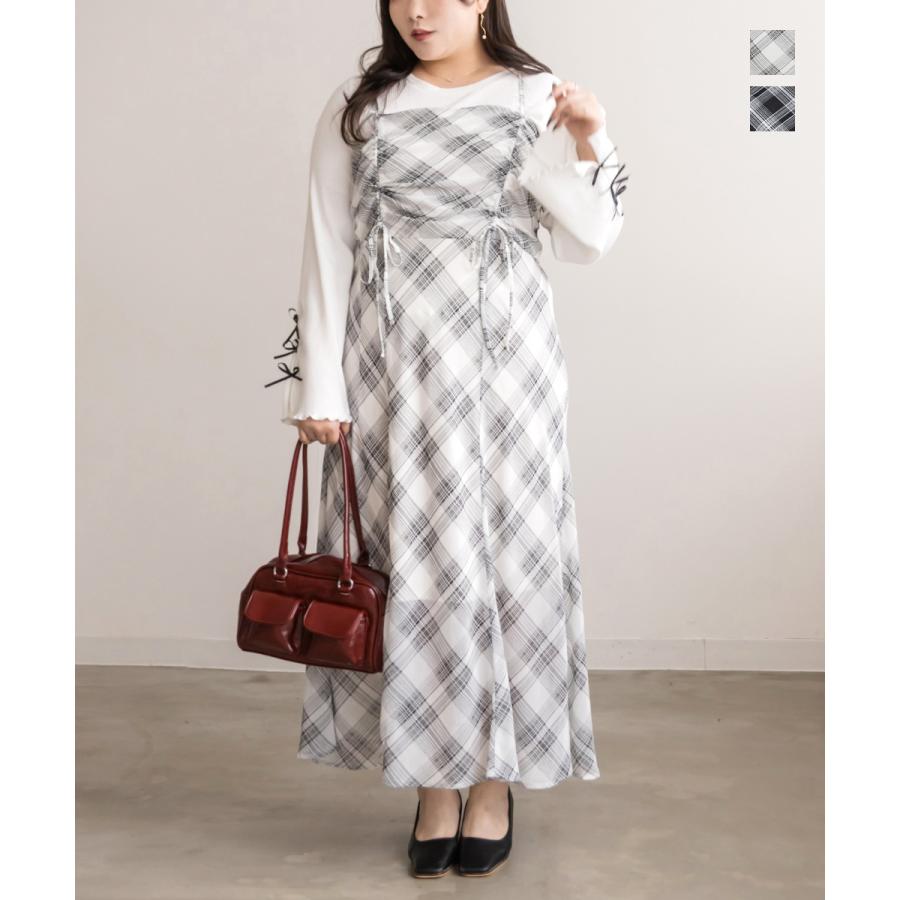 大きいサイズ レディース チェック柄シフォンキャミワンピース