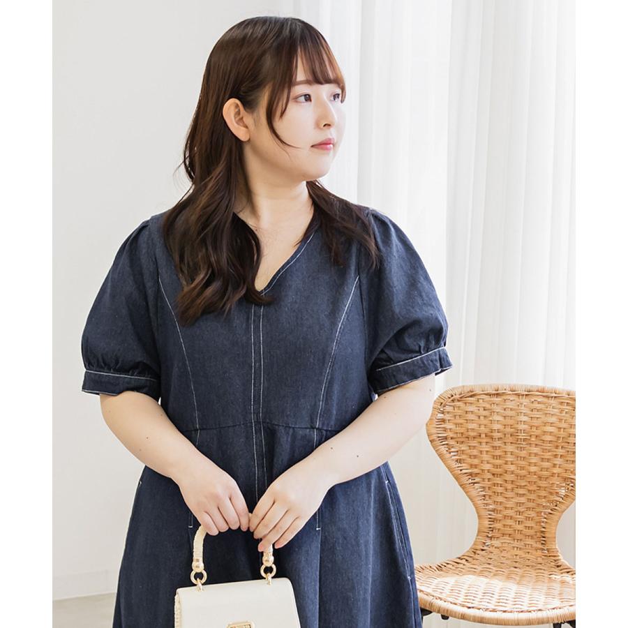 ♡ クレット 配色ステッチデニムワンピース ネイビー 着痩せ 細見え LL ♡ 大きいサイズ レディース CLETTE オリジナル 配色 ステッチ デニム