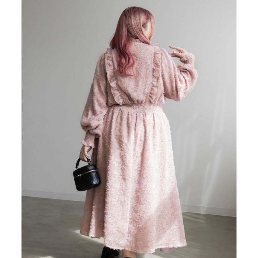 【新品タグ付】23区 大きいサイズ メモリーカットジャガードワンピース ピンク 大きいサイズ レディース CLETTEオリジナル☆花柄フリンジジャガード
