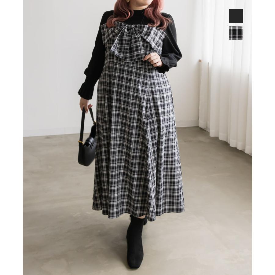 CLETTEオリジナルチェックフリルリボンワンピース 大きいサイズ レディース CLETTEオリジナル☆リボンデザインワンピース