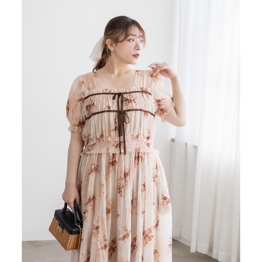クレットclette オリジナルフロントリボン花柄ワンピース4L 大きいサイズ 大きいサイズ レディース CLETTEオリジナルフロントリボン花柄