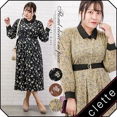 大きいサイズ レディース ベルト付花柄クレリックワンピース B4a 大きいサイズ専門店 Clette 通販 Yahoo ショッピング