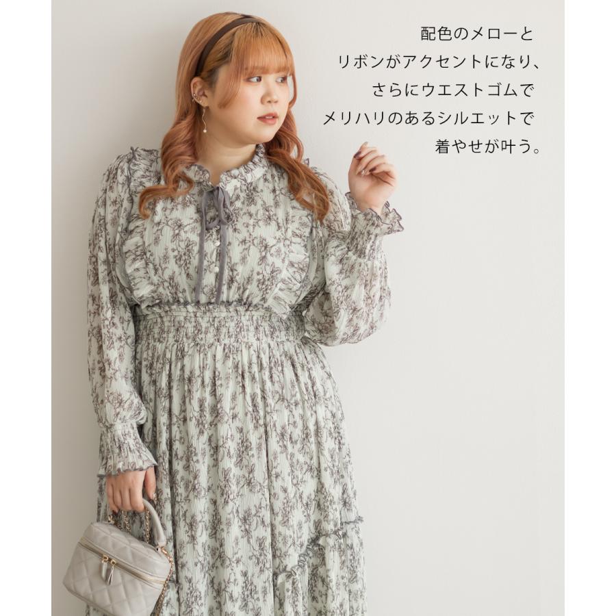 大きいサイズ レディース CLETTE オリジナル リボンタイ 花柄 フリル