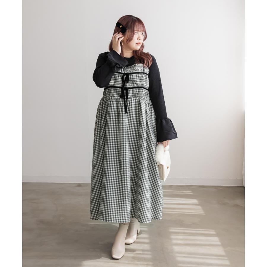 crinkle crinkle crinkle ドットキャミワンピース 大きいサイズ レディース CLETTEオリジナル☆リボン使いチェック柄