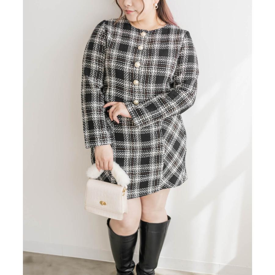 大きいサイズ レディース チェック柄ツイードセットアップ