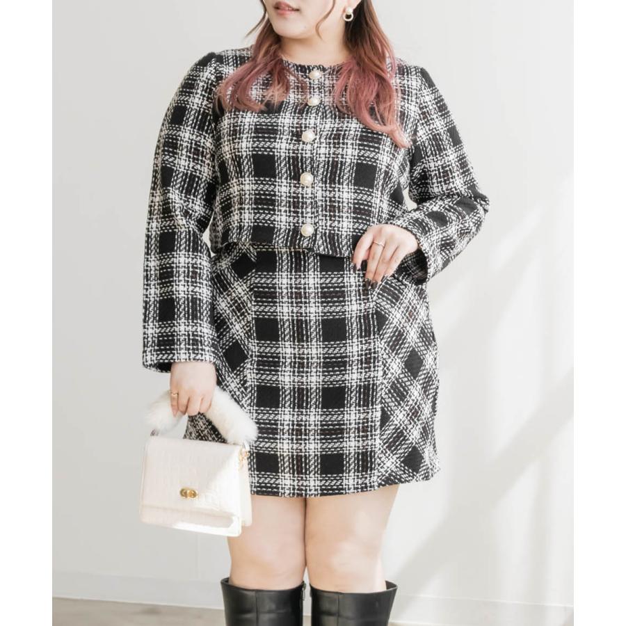 大きいサイズ レディース チェック柄ツイードセットアップ : 大きい
