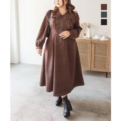 大きいサイズ/レディース/LL/3L/4L/CLETTEオリジナル配色ステッチウエストタックワンピース 大きいサイズ レディース CLETTEオリジナル配色ステッチウエストタック