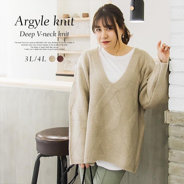 大きいサイズ レディース アーガイル編み深vネックニット B8a 大きいサイズ専門店 Clette 通販 Yahoo ショッピング