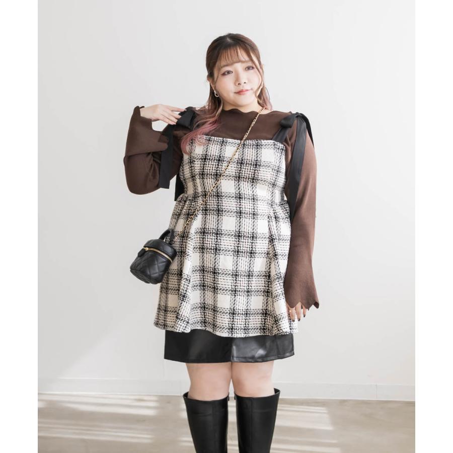 大きいサイズ レディース 肩リボンチェック柄ツイードビスチェ