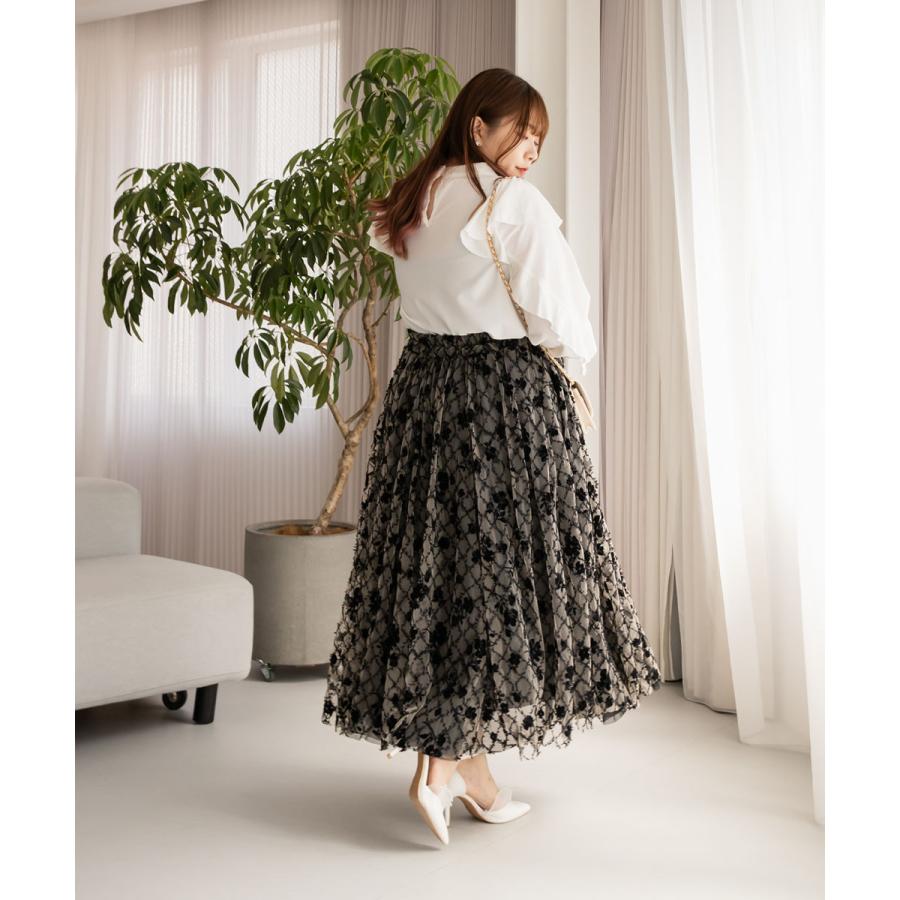 大きいサイズ レディース フロッキー花柄刺繍チュールスカート 大きいサイズ レディース フロッキー花柄刺繍チュールスカート