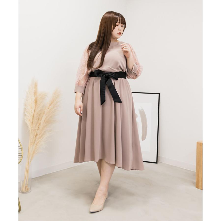 clette クレット ウエストリボン付き袖レースワンピースドレス ウエストリボン付き袖レースワンピースドレス | 大きいサイズ