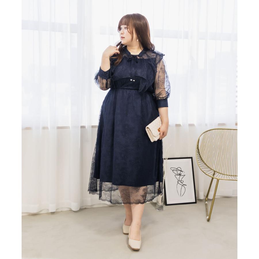 大きいサイズ レディース 総レース襟付き2WAYワンピースドレス