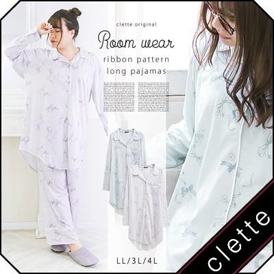 大きいサイズ レディース Cletteオリジナル ルームウェアリボン柄ロングパジャマ V0a 大きいサイズ専門店 Clette 通販 Yahoo ショッピング